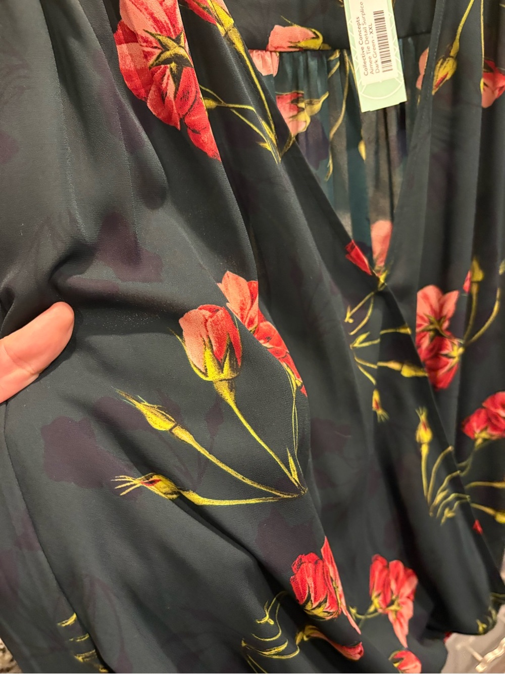 Floral V-Neck Long Sleeve Blouse - Dark Green and Black with Red Floral - Picture 3 of 6